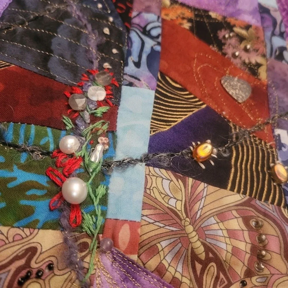 Vintage Signed Handmade Crazy Quilt Embroider Patchwork Wall Decor Art OOAK HTF